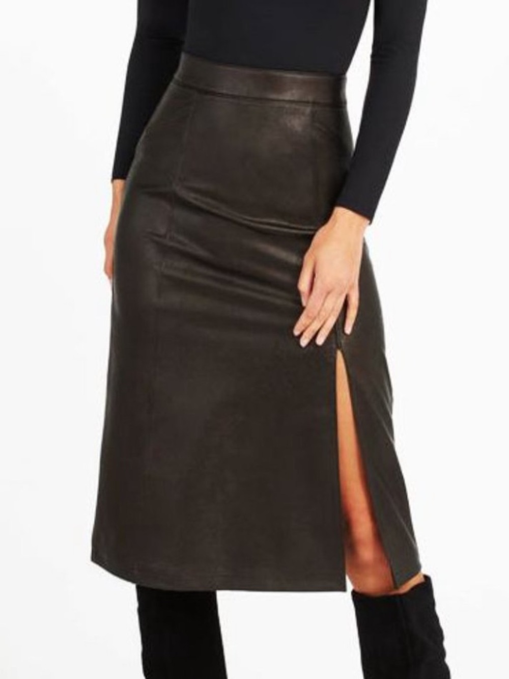 Spanx Size S Black Leather Like Midi Slit Skirt